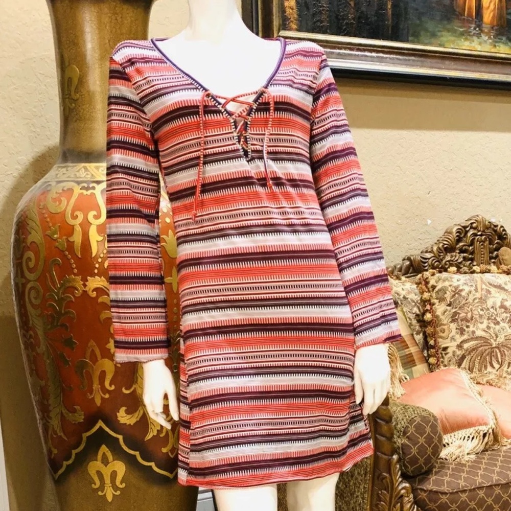Letarte Red Multicolor Print Long Sleeve Dress S